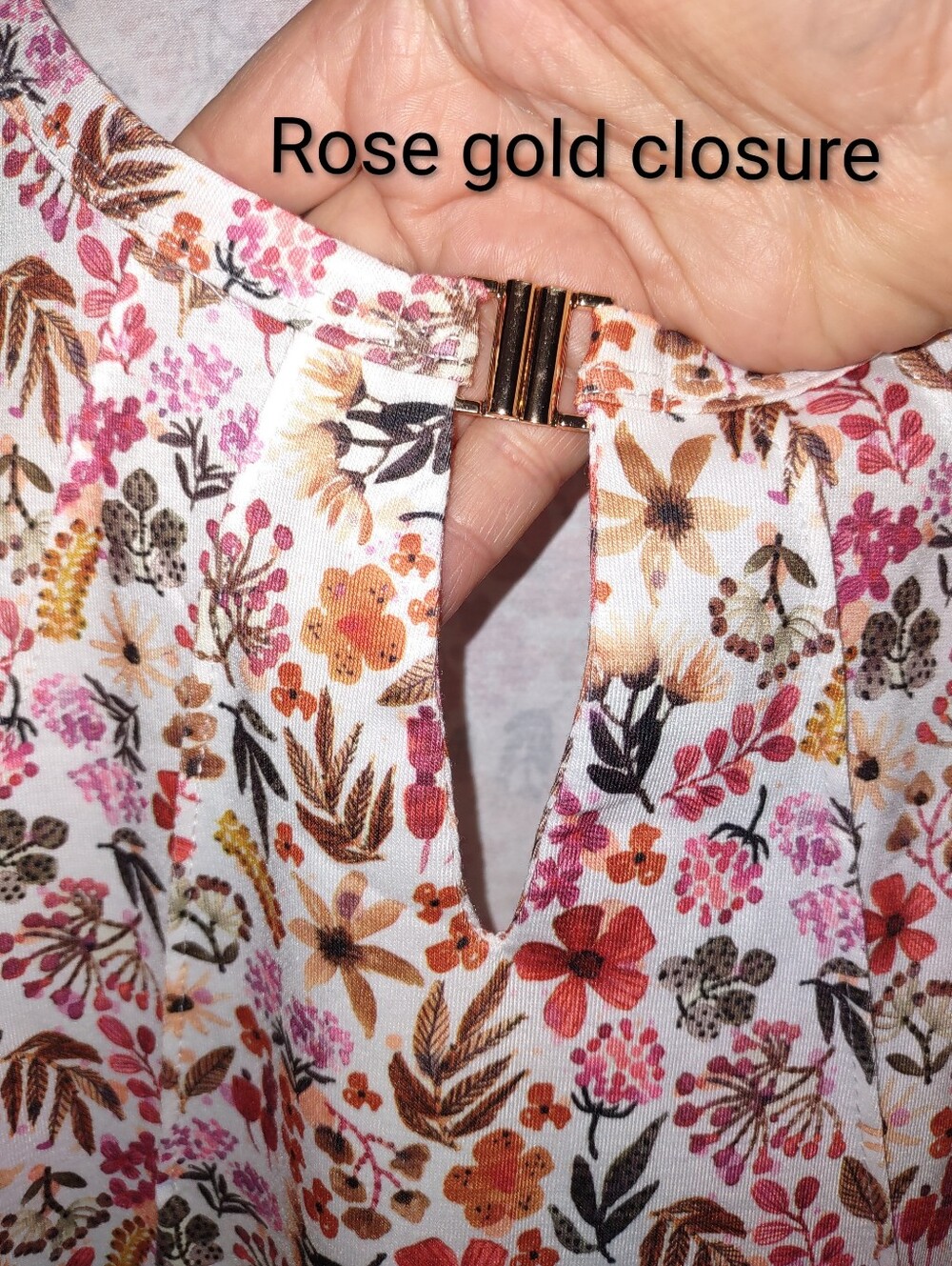 White, Orange ,Pink Floral Pattern Top Gold Interlocking Neck Hook, Long Sleeve